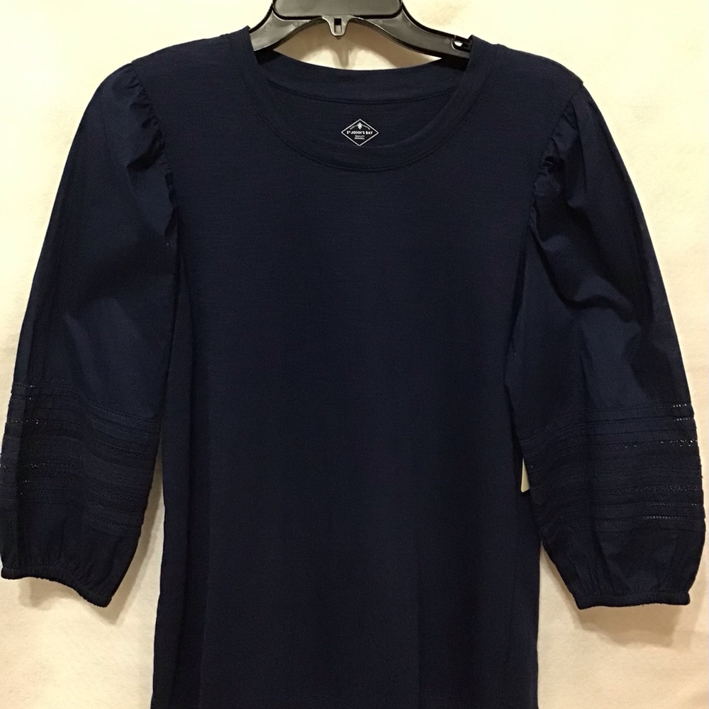 St. John's Bay Fitted Blue Ribbed Puff Sleeve Blouse